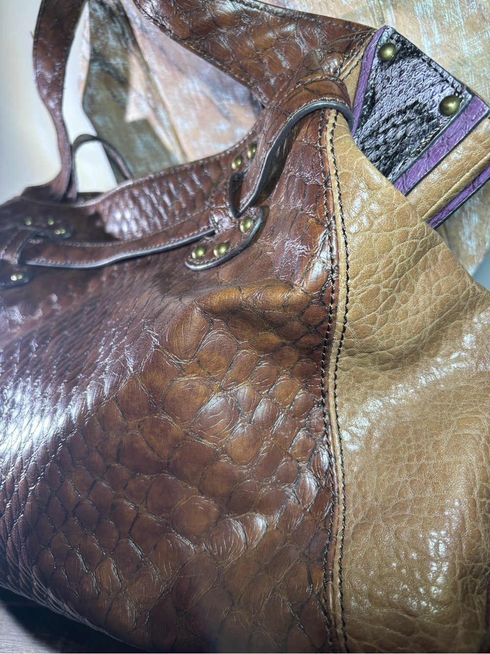 Jessica Simpson Reptilian Brown Textured Faux Leather Satchel Handbag Vegan Bag - Picture 9 of 15